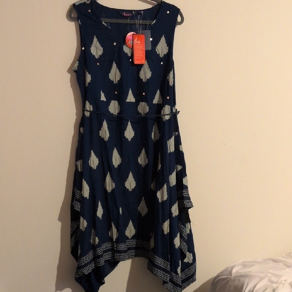 Elegant Blue and Cream Sleeveless Dress - Picture 6 of 6